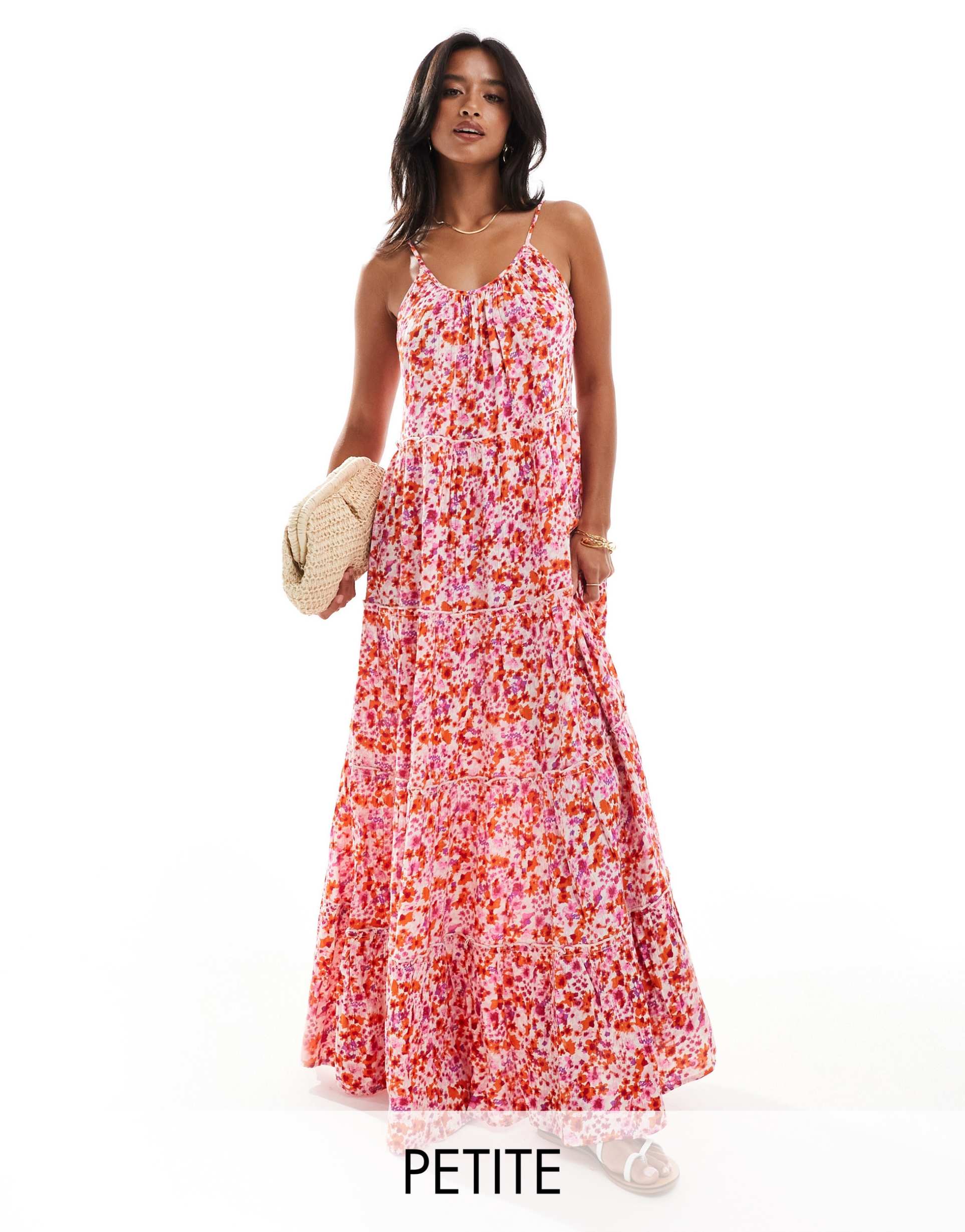 vila petite tiered maxi cami dress in pink floral print