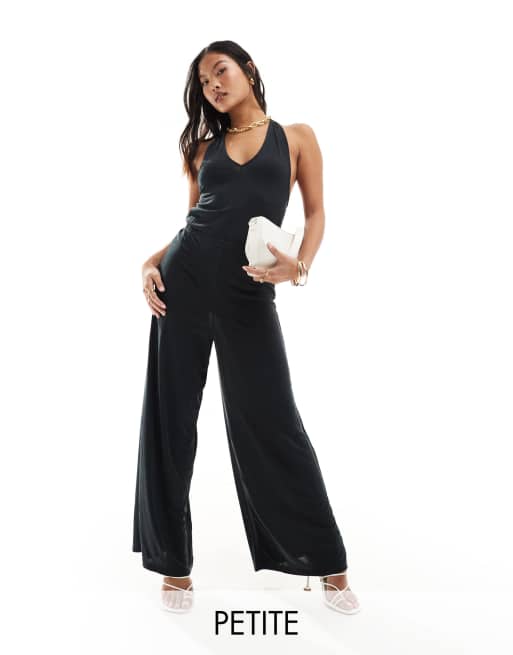 Vila Petite - Tuta jumpsuit attillata nera allacciata al collo a fondo ampio