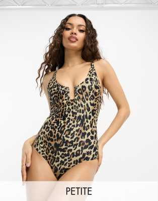 Vila Petite U Detail Swimsuit With Cut Out Back In Leopard Print-multi