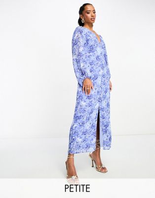 Vila Petite V Neck Button Through Maxi Dress In Blue Floral-multi