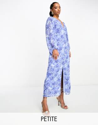 Vila Petite v neck button through maxi dress in blue floral