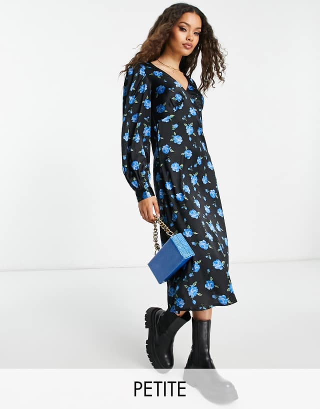 Vila Petite - v-neck midi dress in bright blue floral print