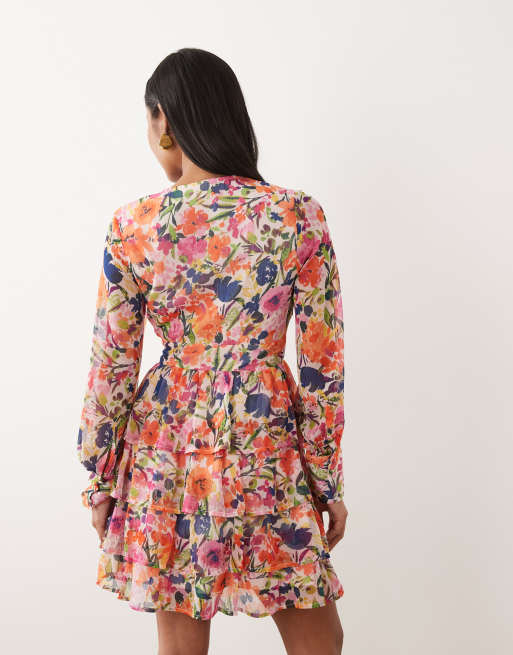 VILA Petite - Vestito corto a balze con stampa a fiori multicolore, 4 di 4