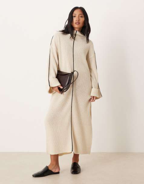 VILA Petite - Vestito lungo accollato in maglia color crema - view 1