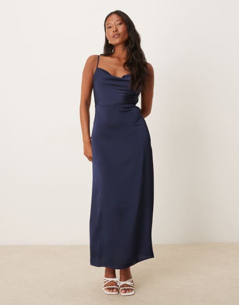 Vila Petite - Vestito lungo in raso color blu navy con scollo ad anello e spalline sottili - view 1