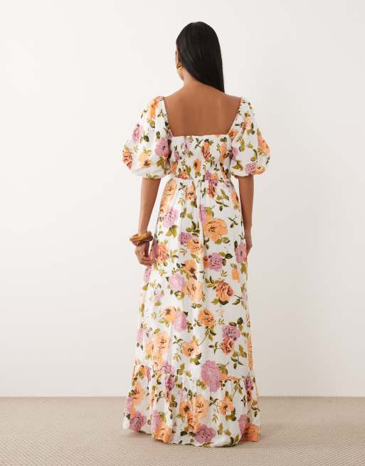 VILA Petite volume sleeve tiered maxi dress in white floral print, 3 of 4