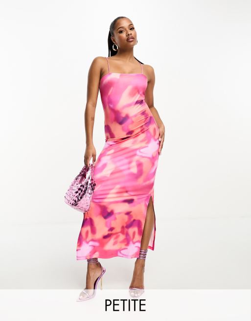 Vila Petite – Wadenlanges Camisole-Kleid mit abstraktem Muster in Rosa
