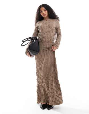 waffle textured long sleeved maxi dress in taupe-Neutral