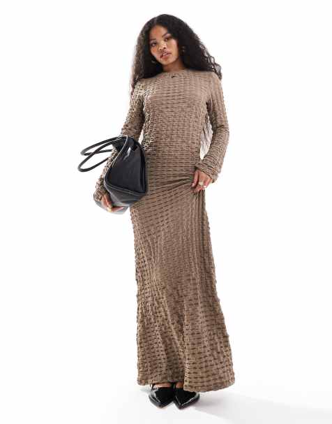 Vila Petite waffle textured long sleeved maxi dress in taupe - view 1