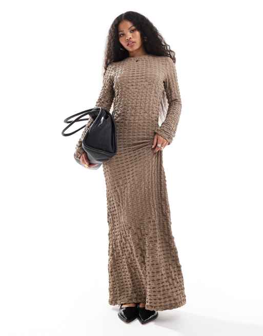 Vila Petite waffle textured long sleeved maxi dress in taupe