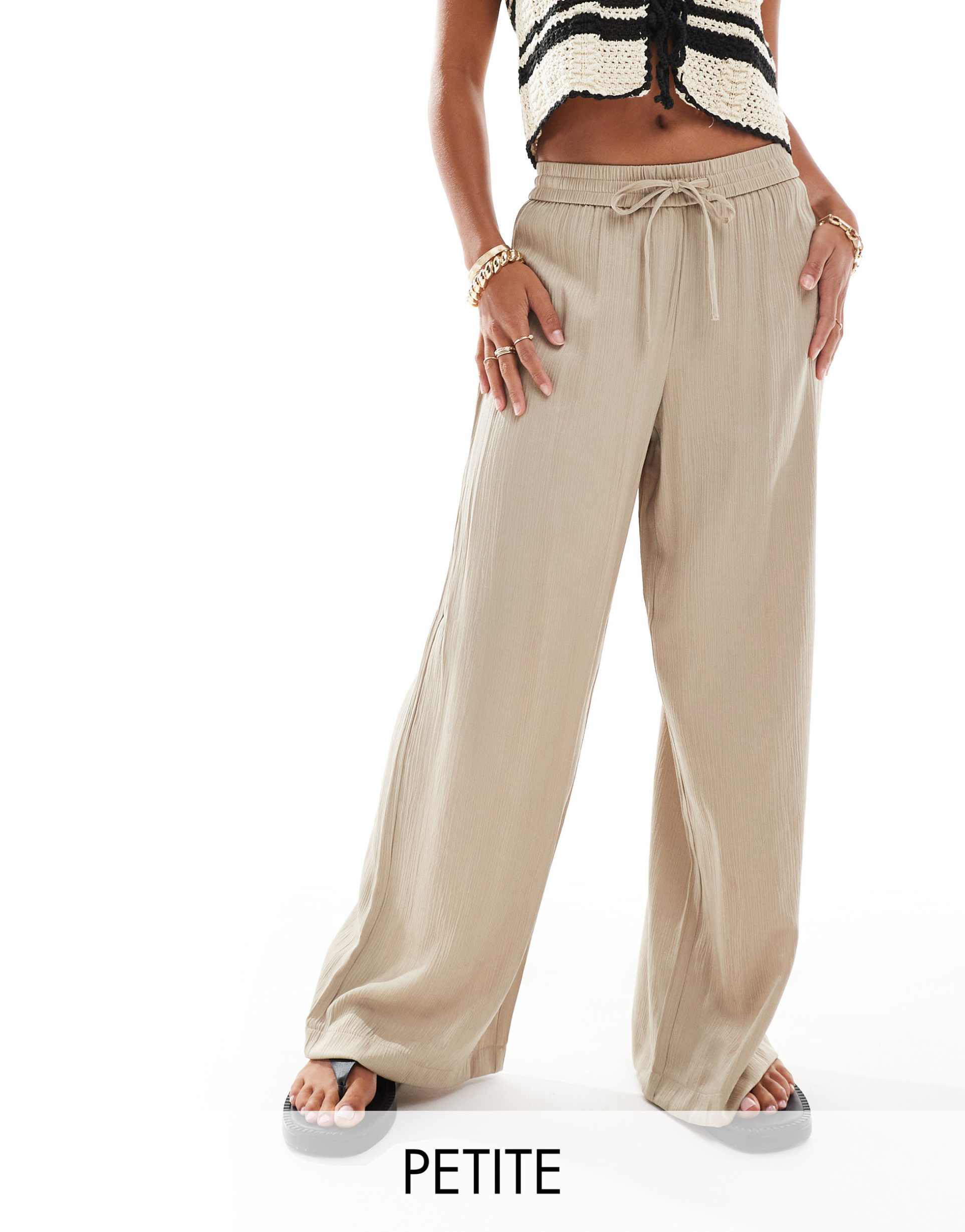 vila petite weighted plisse satin feel wide leg pants in beige