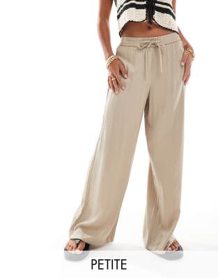 Vila Petite Vila Petite weighted plisse satin feel wide leg trousers in beige-Neutral