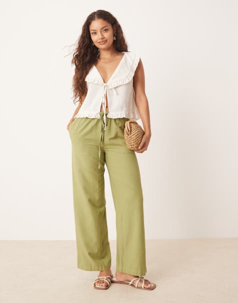 Vila Petite linen touch tie waist wide leg trouser in sage green
