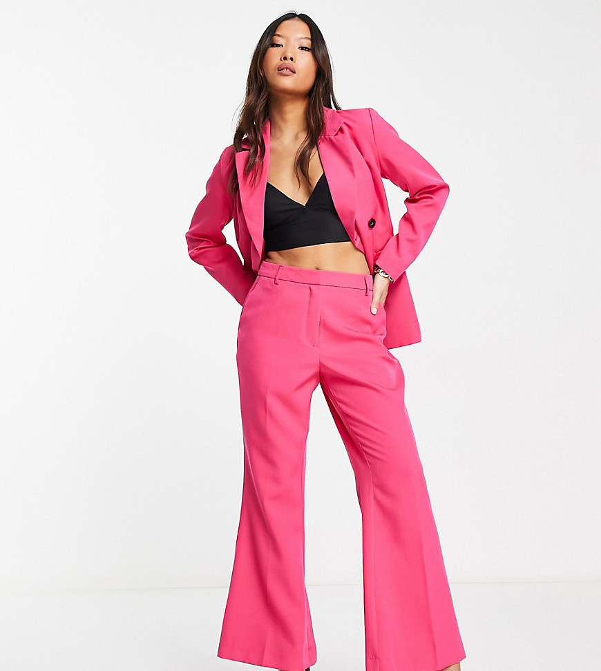 Vila Petite wide leg flared suit trousers in bright pink