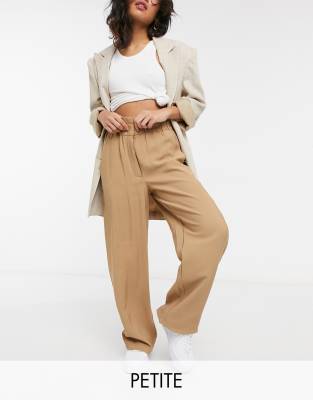 Vila Petite wide leg pants with paperbag waist in camel-Brown