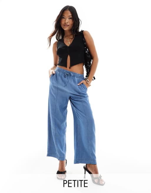 Vila Petite wide leg pants with tie waist in blue chambray