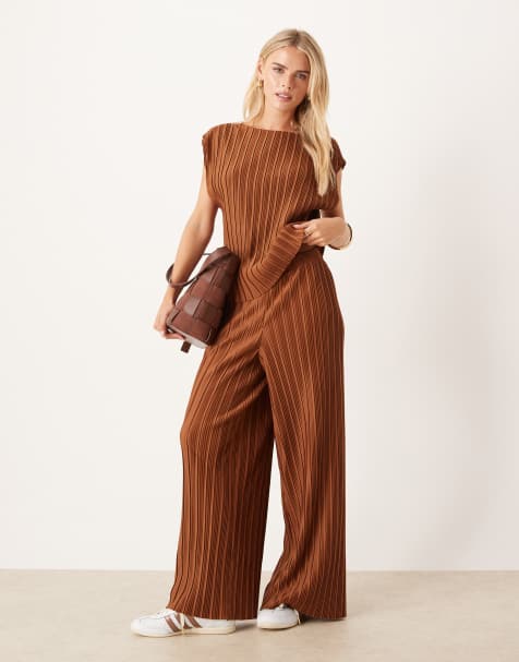 VILA Petite wide leg plisse pants in bronze (Part of a set) - view 1