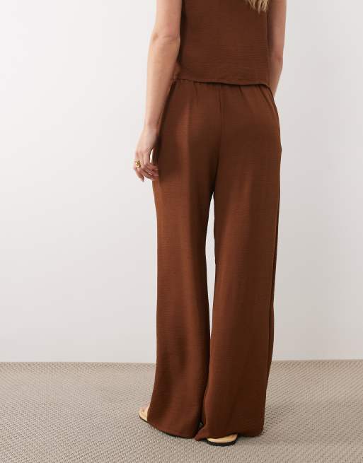VILA Petite wide leg textured pants in carafe brown - part of a set, 2 of 5