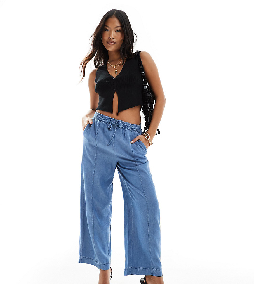 Vila Petite wide leg trousers with tie waist in blue chambray