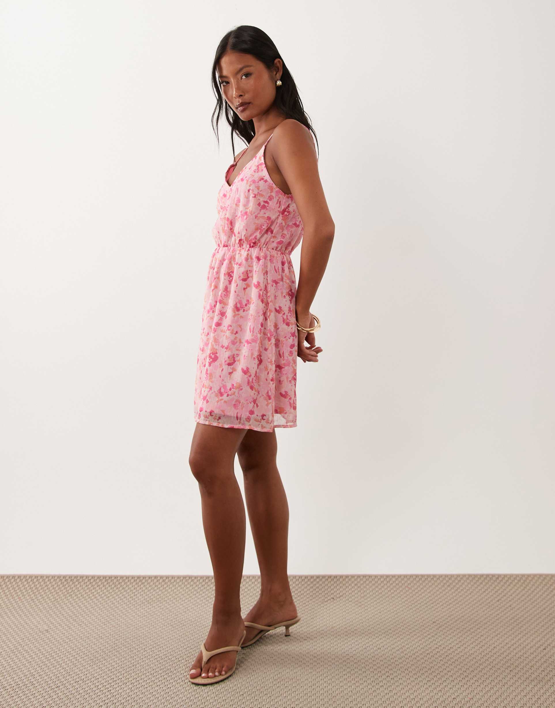 vila petite woven cami mini dress in pink floral print