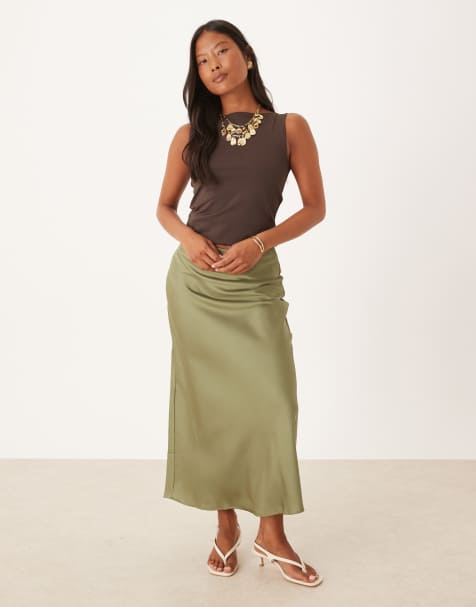 Vila Petite satin maxi skirt in oil green