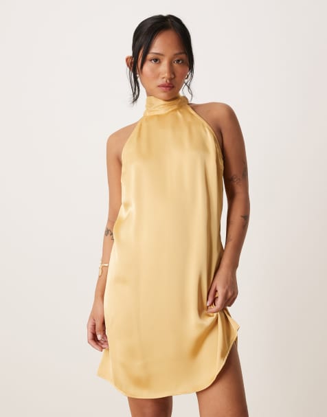 Vila Petite satin halter mini dress in cornsilk yellow