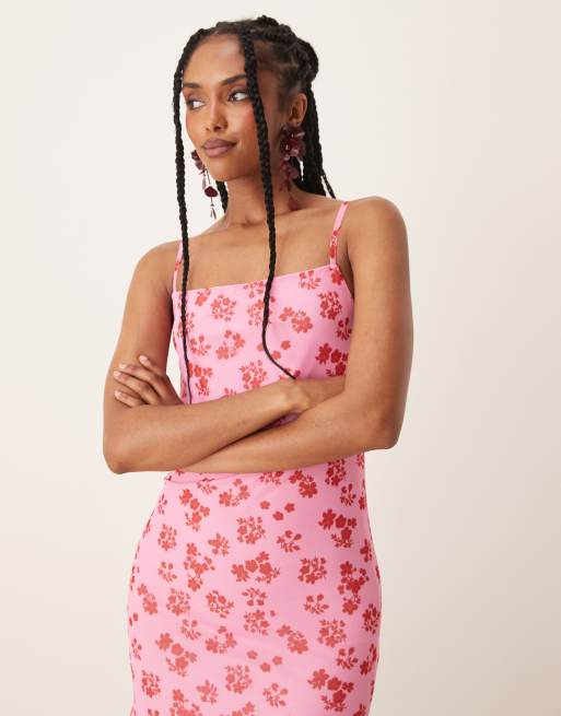 Vila - Pink cami-maxikjole i mesh med firkantet hals og blomsterprint, 4 af 4