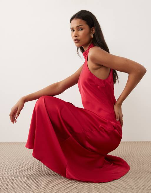 Vila - Pink maxikjole med halterneck og åben ryg i satin, 3 af 4