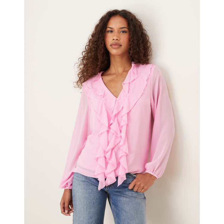 VILA Pink vævet bluse med flæser ASOS