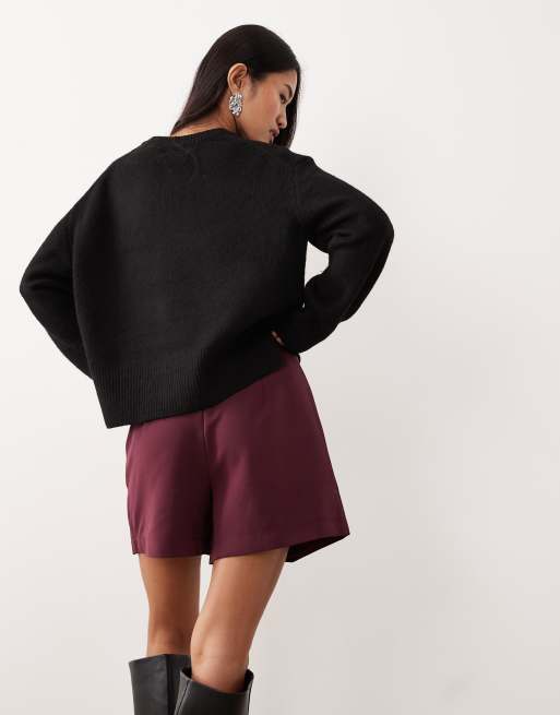 VILA pleat front mini skort in burgundy, 3 of 5