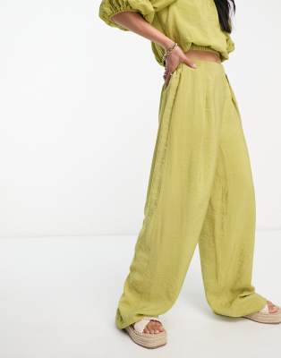 Vila Pleat Waist Pants In Lime - Part Of A Set-green