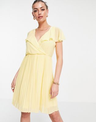 Vila pleated mini dress with frill collar in yellow - YELLOW - ASOS Price Checker