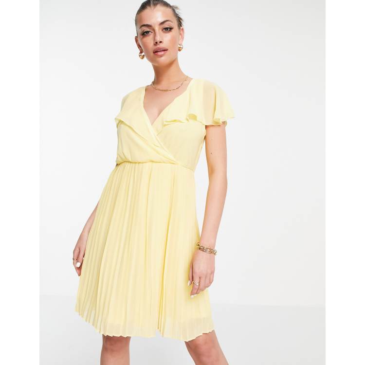 Vila pleated mini dress with frill collar in yellow YELLOW