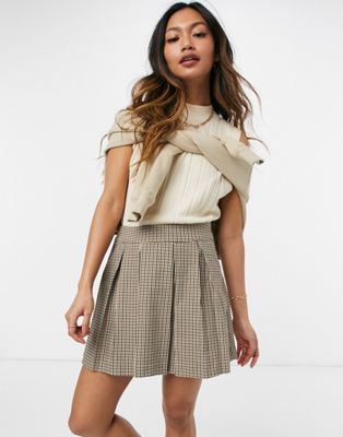 Vila pleated mini skirt in brown check