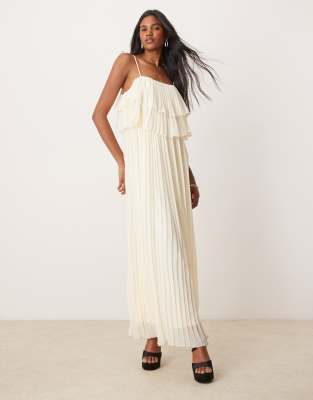 pleated ruffle layer cami maxi dress in birch cream-White