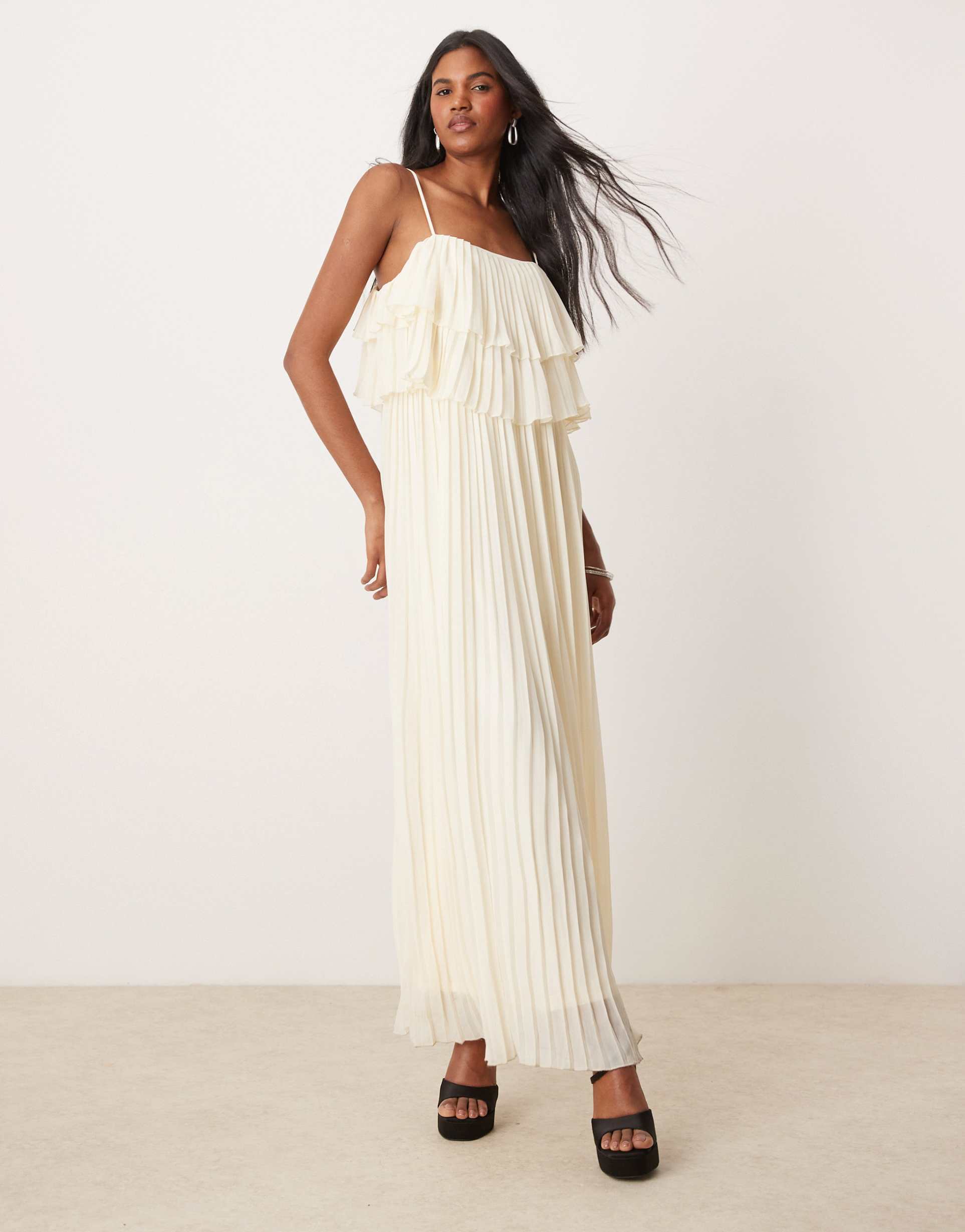 vila pleated ruffle layer cami maxi dress in birch cream