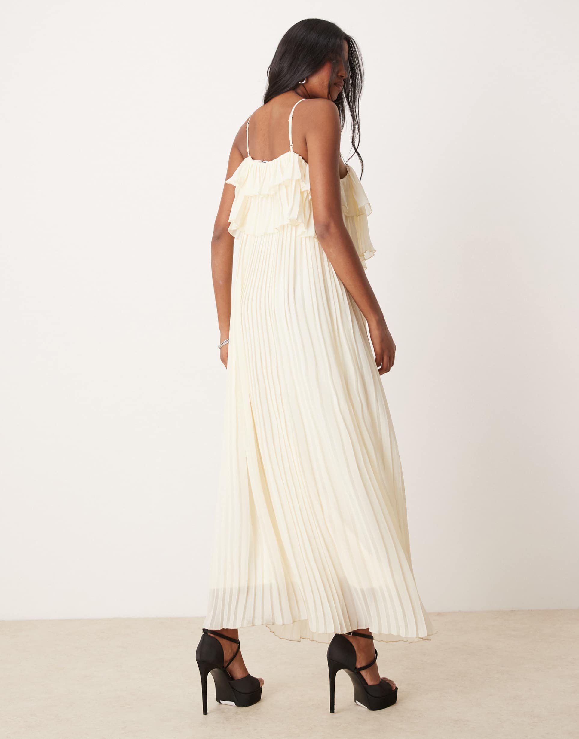 vila pleated ruffle layer cami maxi dress in birch cream