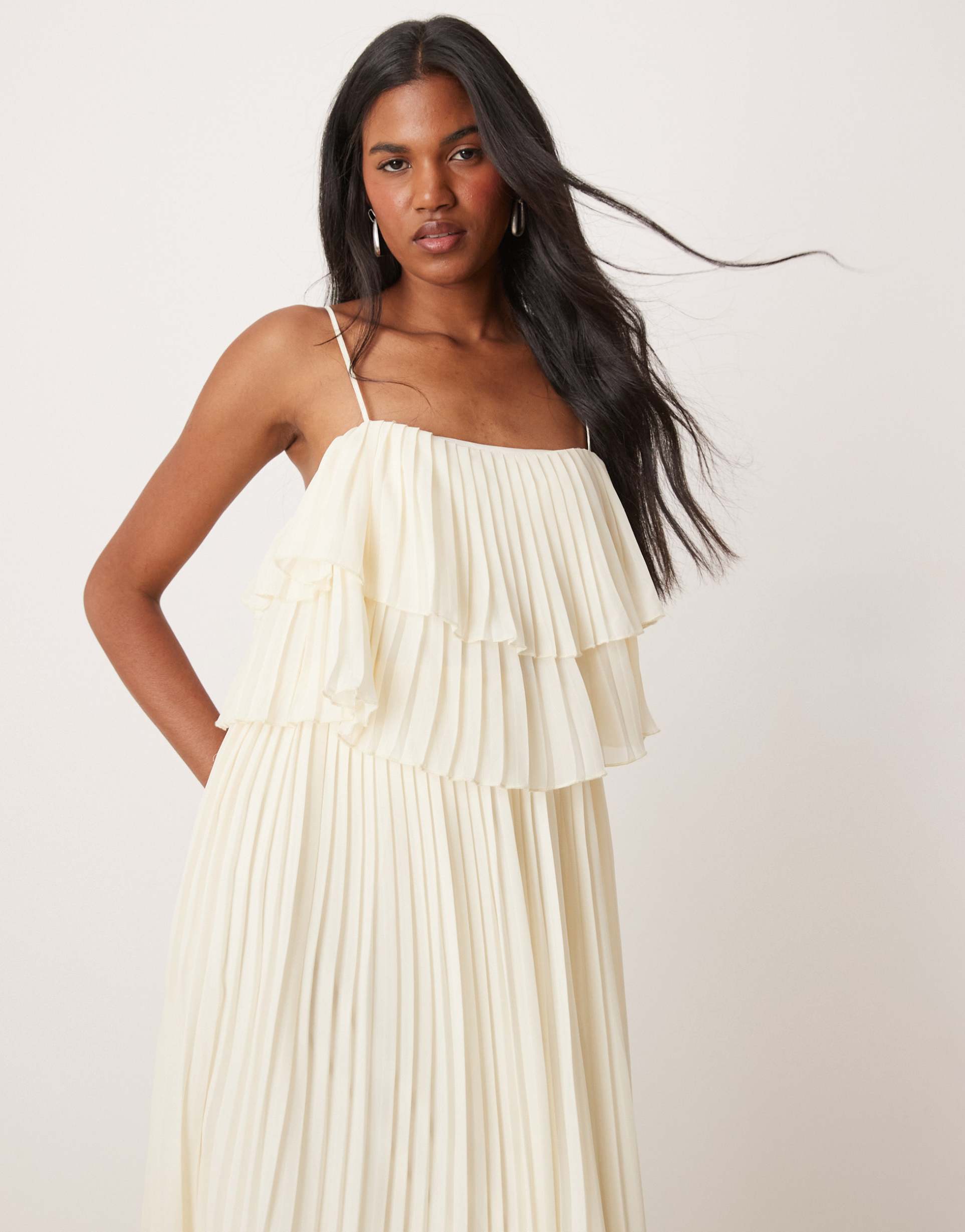 vila pleated ruffle layer cami maxi dress in birch cream