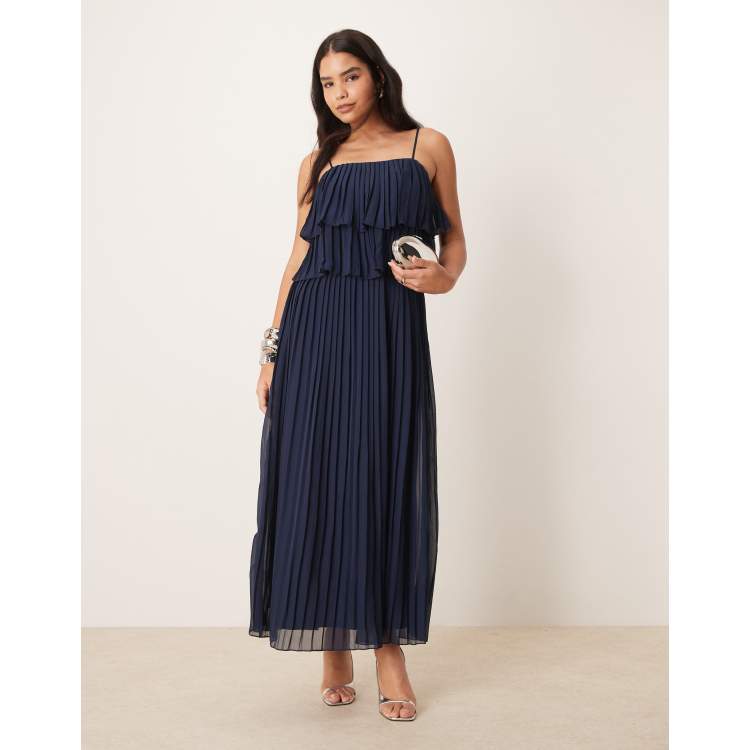 VILA pleated ruffle layer cami maxi dress in navy | ASOS