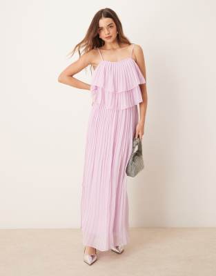 pleated ruffle layer cami maxi dress in orchid pink