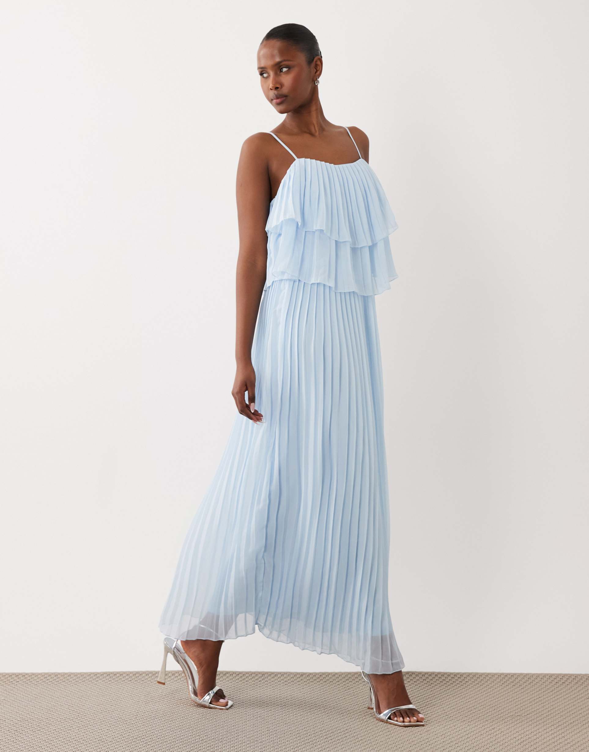 vila pleated ruffled layers cami maxi dress in light blue