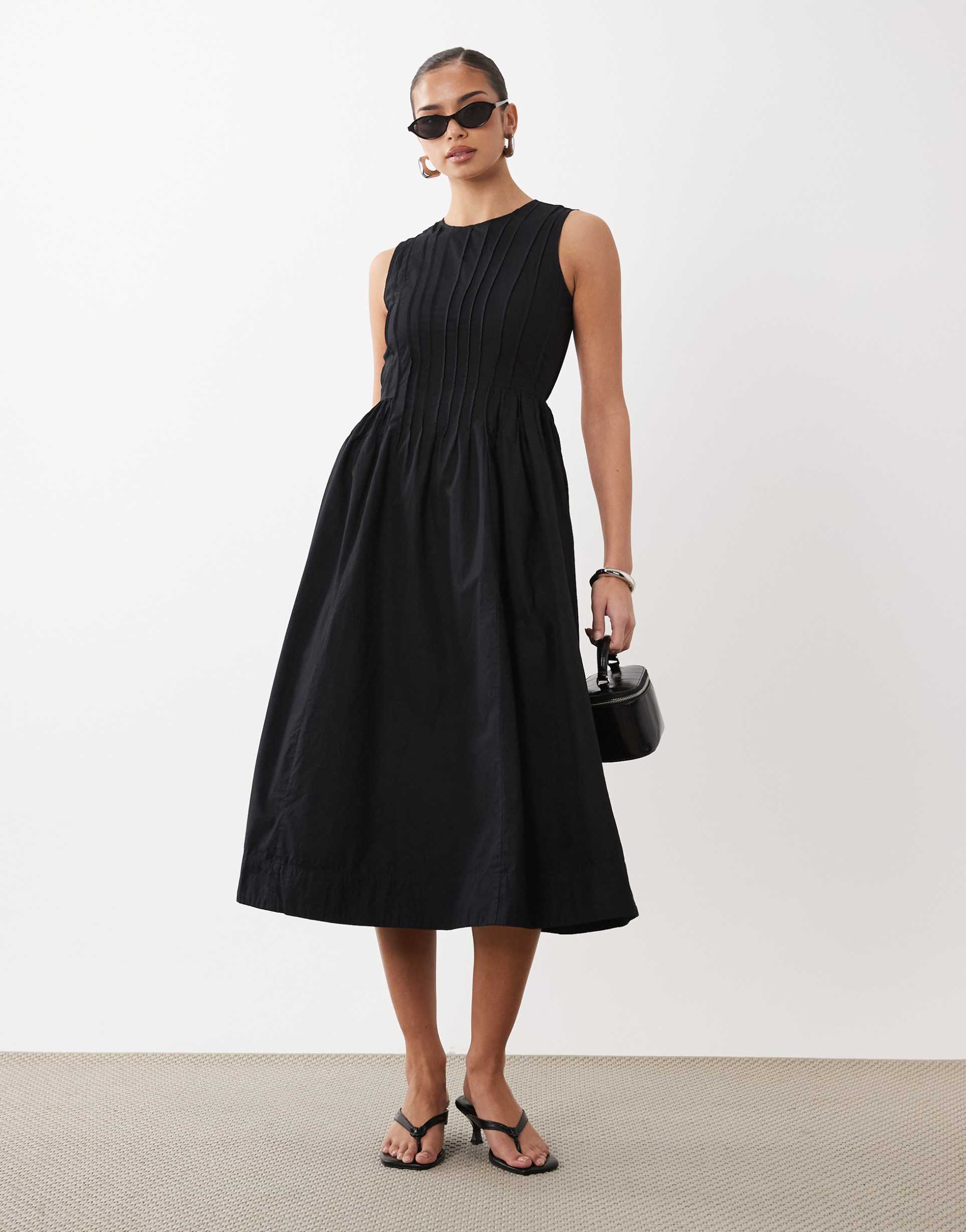 vila pleated waist detail midi dress in black