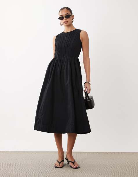 Vila pleated waist detail midi dress in black