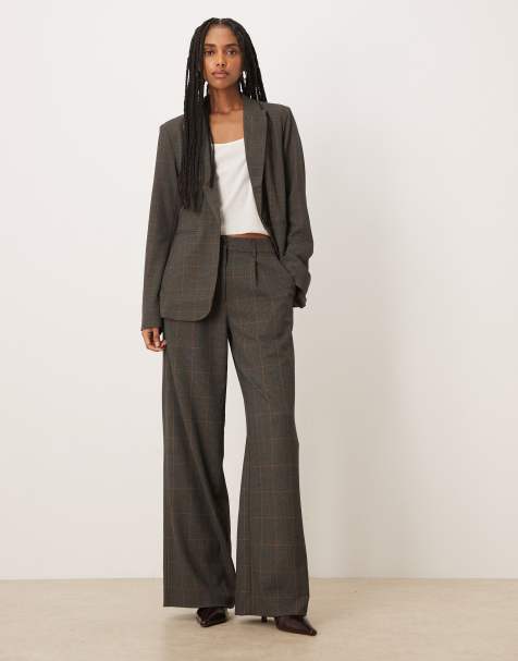 Vila pleated wide leg tailored trousers co-ord in brown check - view 1