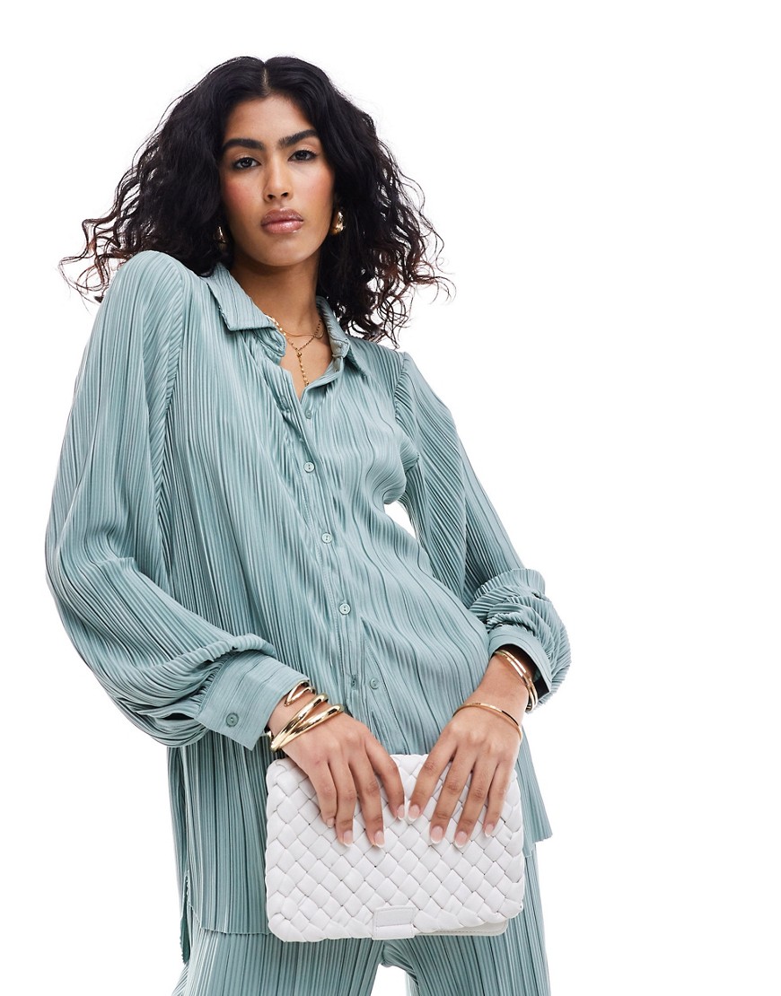 Vila plisse button up shirt co-ord in sea breeze-Green