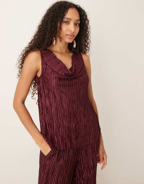 VILA plisse cowl neck top in burgundy (part of a set) - view 1