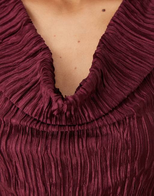 VILA plisse cowl neck top in burgundy (part of a set), 3 of 4