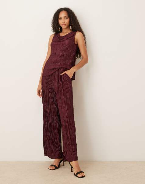 Vila Plisse down neck top and wide leg trouser co-ord in burgundy - view 1