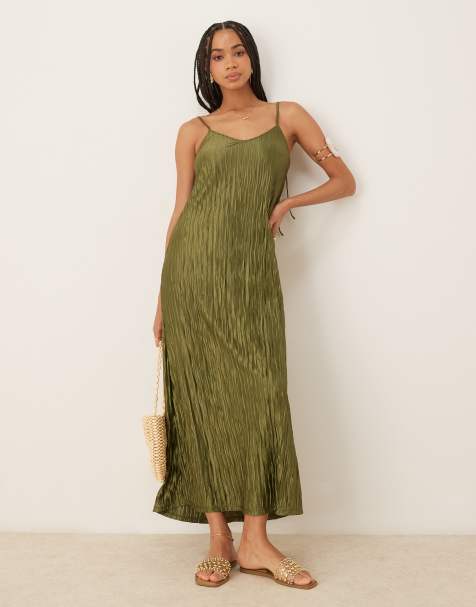 VILA - Plissé maxi cami slipdress in olijfgroen - view 1