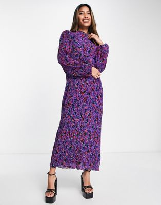 Vila plisse midi dress in bright purple floral